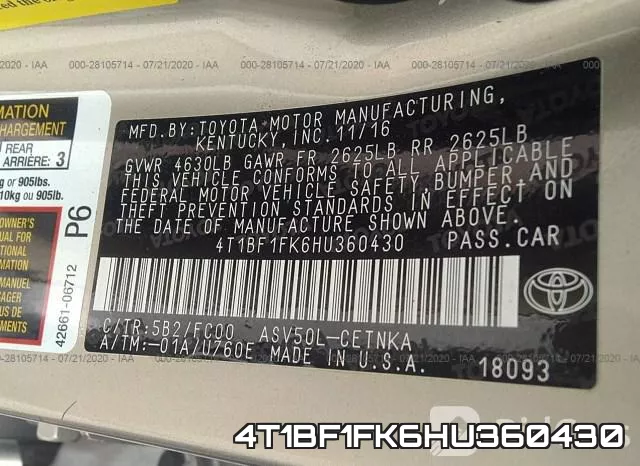 4T1BF1FK6HU360430 фото 10