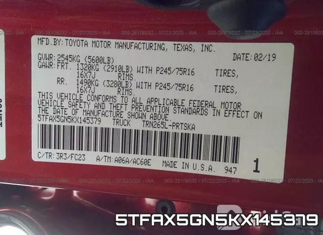 5TFAX5GN5KX145379 фото 10