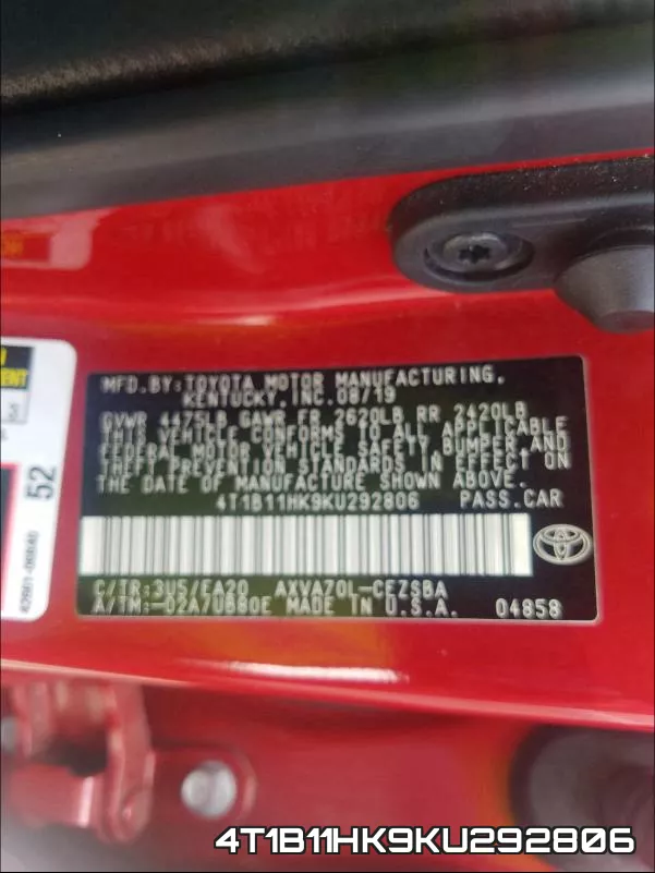 4T1B11HK9KU292806 фото 2