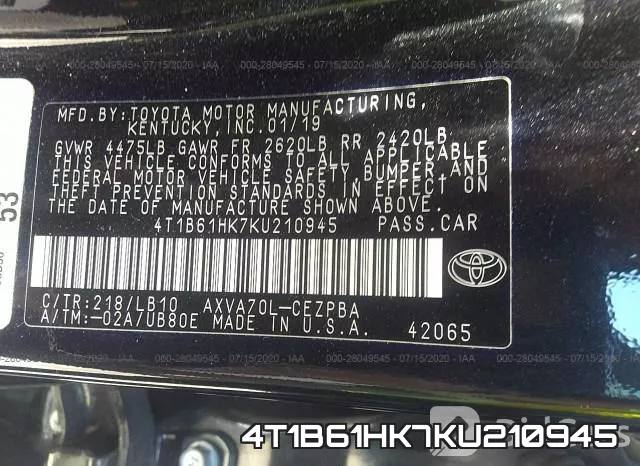 4T1B61HK7KU210945 фото 10