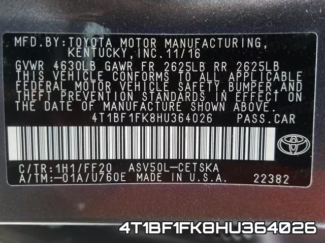 4T1BF1FK8HU364026 фото 2