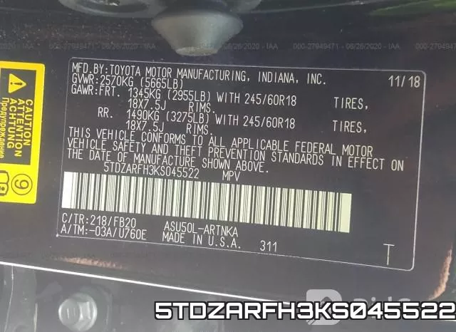 5TDZARFH3KS045522 фото 10