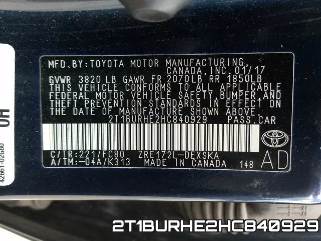 2T1BURHE2HC840929 фото 2