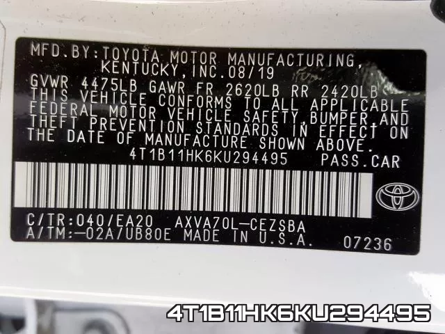 4T1B11HK6KU294495 фото 2