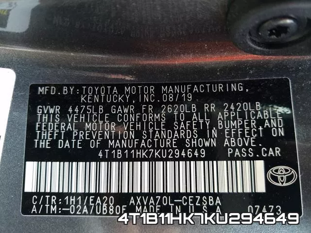 4T1B11HK7KU294649 фото 2