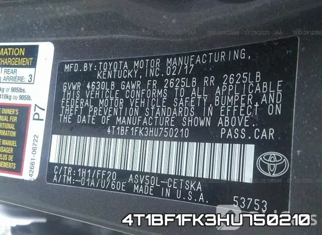 4T1BF1FK3HU750210 фото 10