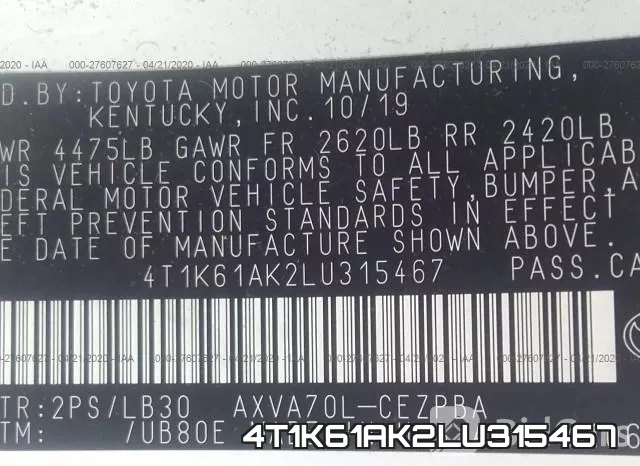 4T1K61AK2LU315467 фото 10