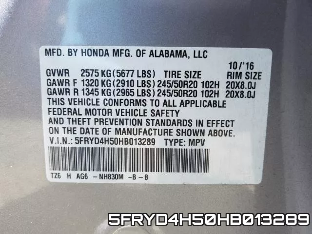 5FRYD4H50HB013289 фото 2
