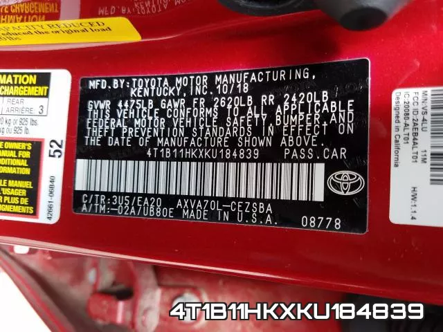 4T1B11HKXKU184839 фото 2