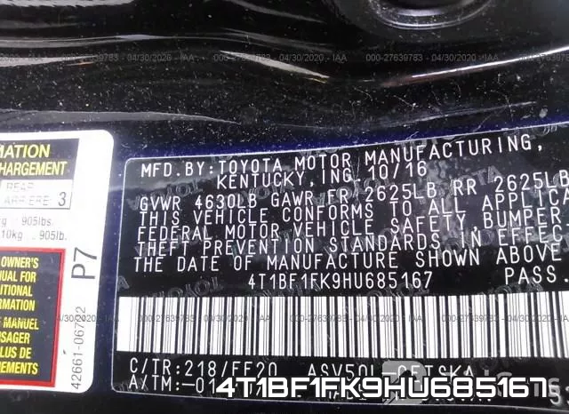4T1BF1FK9HU685167 фото 10