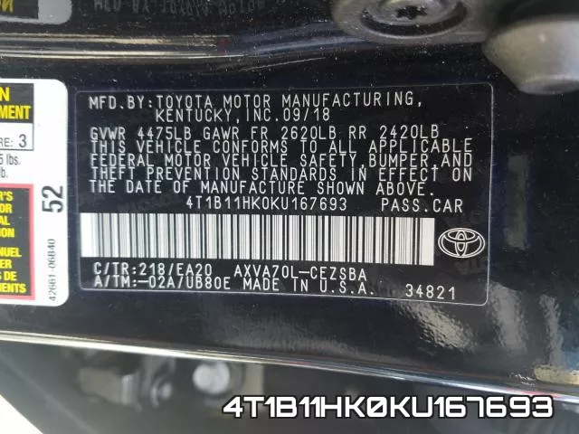 4T1B11HK0KU167693 фото 2