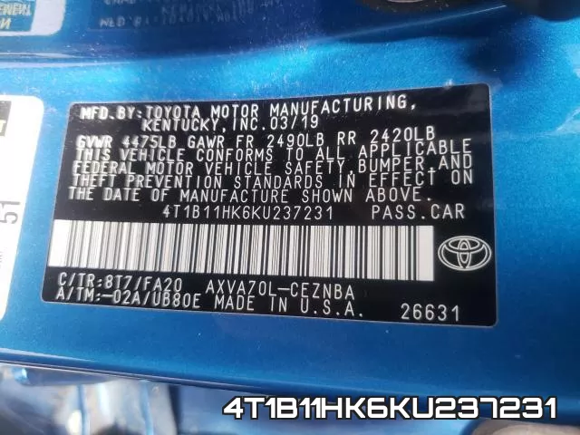 4T1B11HK6KU237231 фото 2