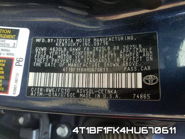 4T1BF1FK4HU670611 фото 2