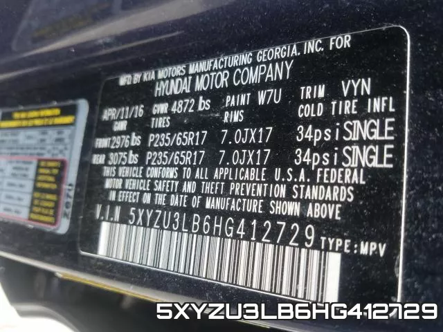 5XYZU3LB6HG412729 фото 2