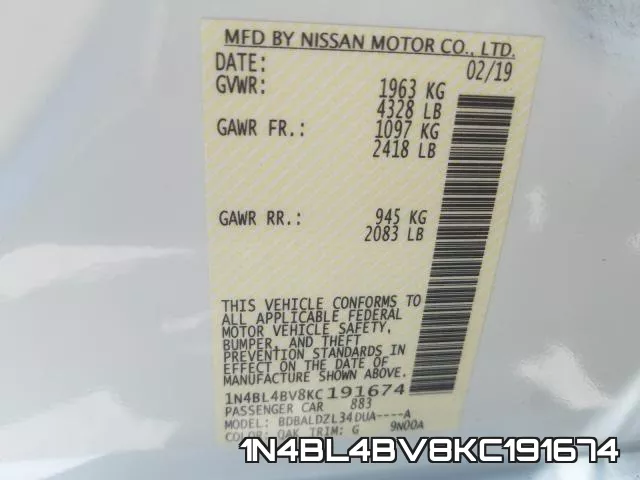 1N4BL4BV8KC191674 фото 2