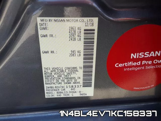 1N4BL4EV7KC158337 фото 2