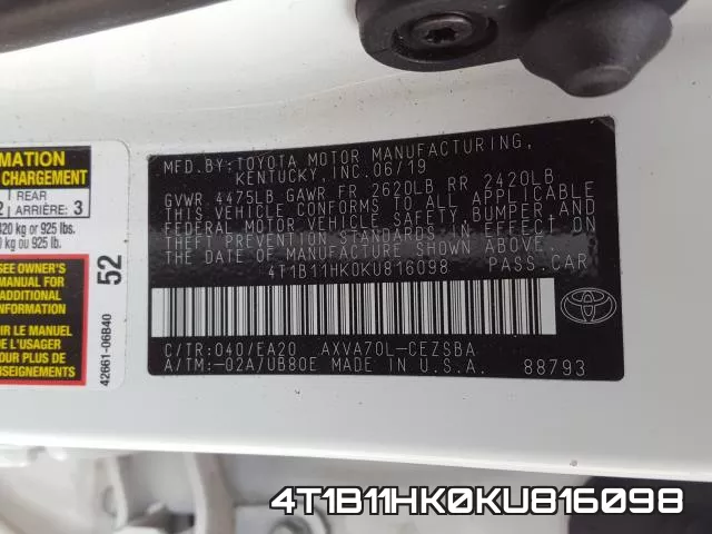 4T1B11HK0KU816098 фото 2