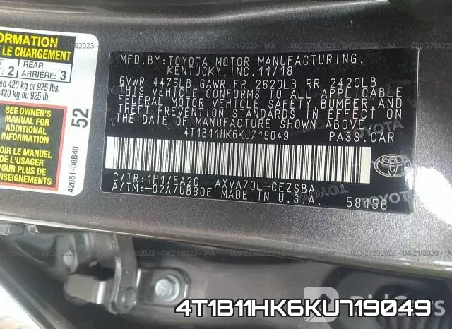 4T1B11HK6KU719049 фото 10