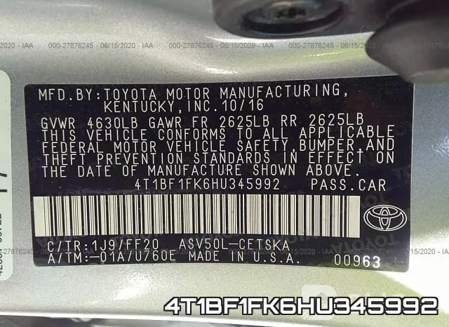 4T1BF1FK6HU345992 фото 10