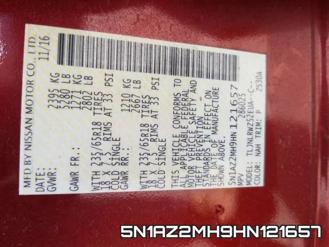 5N1AZ2MH9HN121657 фото 2