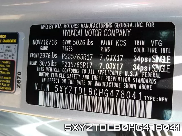 5XYZTDLB0HG478041 фото 2