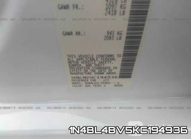 1N4BL4BV5KC194936 фото 10