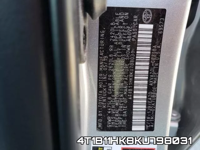 4T1B11HK8KU798031 фото 2