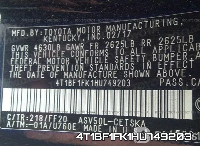 4T1BF1FK1HU749203 фото 10