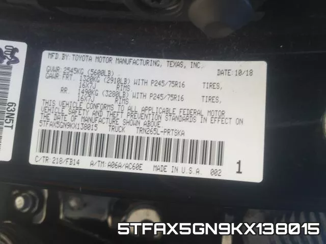 5TFAX5GN9KX138015 фото 2