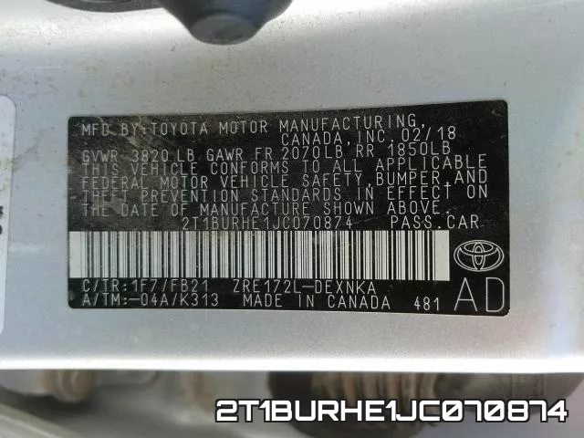2T1BURHE1JC070874 фото 2