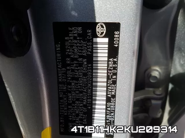 4T1B11HK2KU209314 фото 2