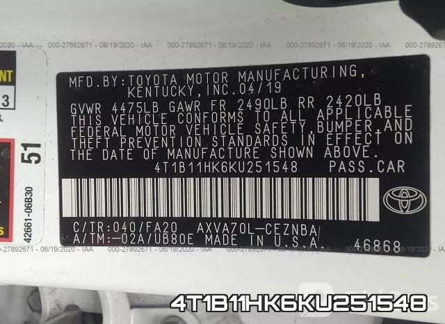 4T1B11HK6KU251548 фото 10
