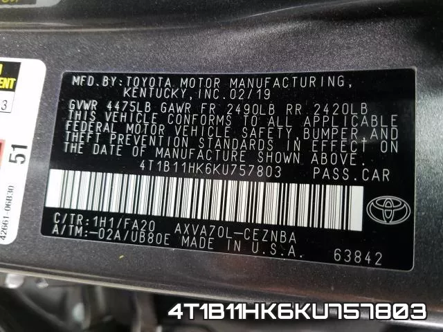 4T1B11HK6KU757803 фото 2