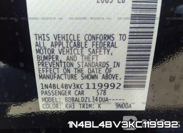 1N4BL4BV3KC119992 фото 10