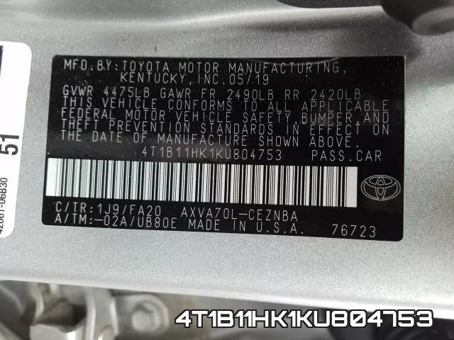 4T1B11HK1KU804753 фото 2