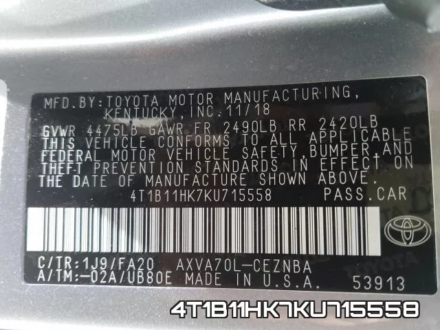 4T1B11HK7KU715558 фото 2