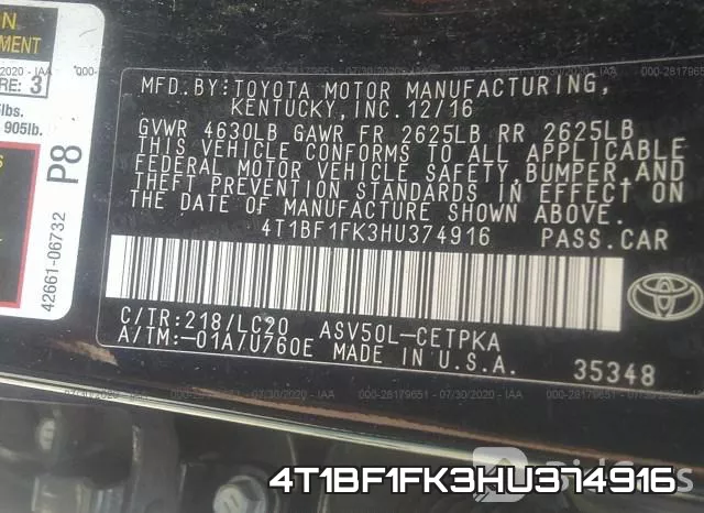 4T1BF1FK3HU374916 фото 9