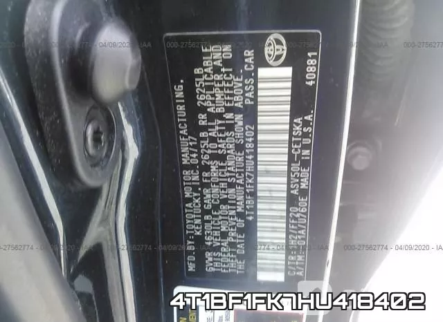 4T1BF1FK7HU418402 фото 10
