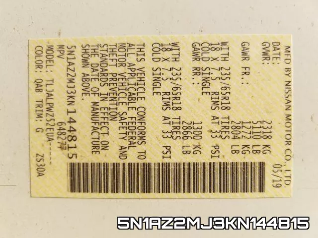 5N1AZ2MJ3KN144815 фото 2