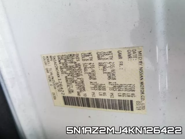5N1AZ2MJ4KN126422 фото 2