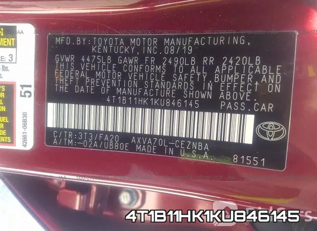 4T1B11HK1KU846145 фото 10