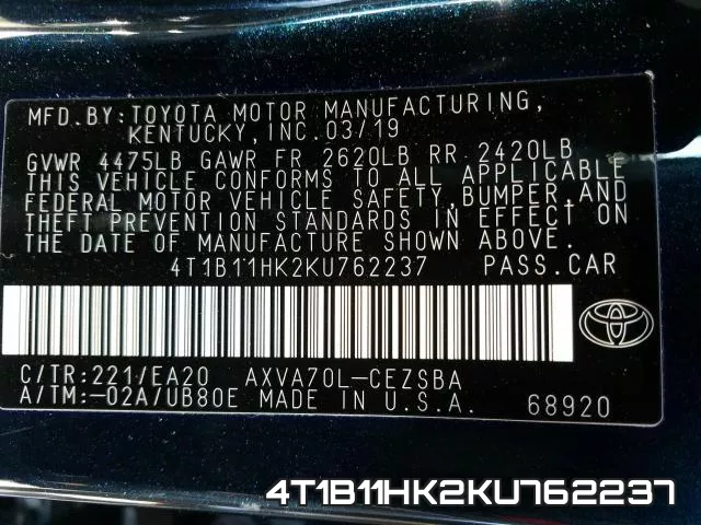 4T1B11HK2KU762237 фото 2