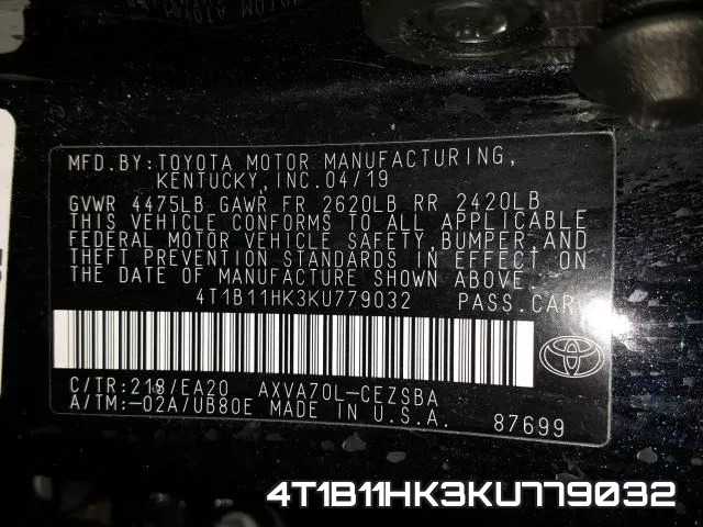 4T1B11HK3KU779032 фото 2