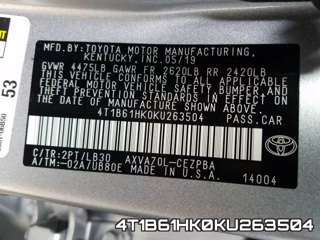 4T1B61HK0KU263504 фото 2