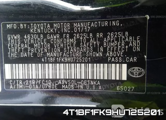 4T1BF1FK9HU725201 фото 10