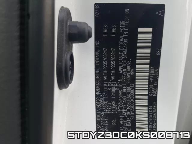 5TDYZ3DC0KS008713 фото 2