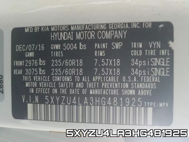 5XYZU4LA3HG481925 фото 2