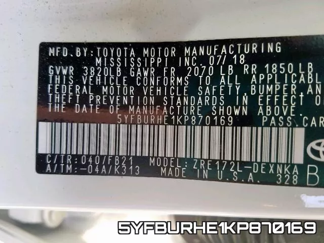 5YFBURHE1KP870169 фото 2