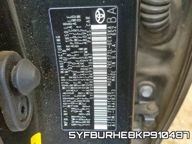 5YFBURHE8KP910487 фото 2