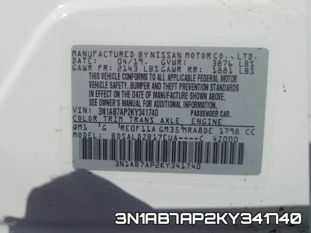 3N1AB7AP2KY341740 фото 2